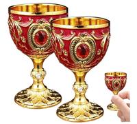 Gcroet Wine Goblet Set of 2 Luxurious & Vintage Wine Glasses 30ml Alloy Goblet with Rhinestone Carved Polished European Goblets for Party, Dining, Banquet, Gold + Red.