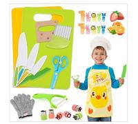 GCRQ Kids Knife Set, 28 Pcs Montessori Toddler Kitchen Knife Sets for Real Cooking, with Gloves Cutting Board Fruit Vegetable Crinkle Cutters Plastic Kid Safe Knives, Children Christmas Birthday Gift.