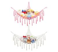 GCRQ Teddy Hammock Toy Hammock for Stuffed Animals Toy Storage Net, 2-Pack Heavy-Duty Cotton Handwoven Large Plushie Net with Metal Anchors & Hooks | Kids Bedroom & Nursery Wall Decor (Cream&Pink)