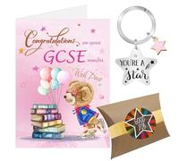GCSE Exam Congratulations Card, Pink Star Congratulations on Your Exam Results Gifts Keyring, Well Done So Proud of You Passing Passed Exams Card (Pink - GCSE)