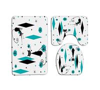 GCTNBJL 3 Piece Mid Century Modern Bath Mat Sets Black Cat Starbursts Atomic Abstract Teal Geometric Iconic Retro 1950s 1960s Bathroom Doormat Rugs, Toilet Seat Cover, U-Shaped and Floor Mat