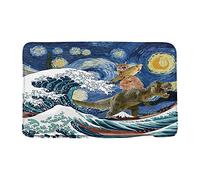 GCTNBJL Funny Cat Bath Mat Cute Kitty with Fish Riding Dinosaur Great Wave Strarry Sky Dino Japanese Style Oil Painting Bathroom Decor Rug Doormat Kitchen Toilet Floor Rug,20x31 Inch