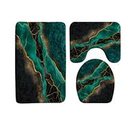 GCTNBJL Green Marble Texture 3 Piece Bath Mat Sets,Abstract Teal Gold Luxury Marble Modern Geometric Cracked Lines Rustic Bathroom Kitchen Rug,16"x24"Bath Mat,Toilet Seat Cover,U-Shaped Toilet