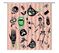 GCTNBJL Halloween Shower Curtain Spooky Alchemy Witchy Skull Skeleton Cat Pumpkin Palmistry Gothic Boho Magic Ouija Board Black Green Pink Bathroom Home Curtain with Hooks,70" Wx70 H