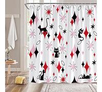 GCTNBJL Mid Century Cat Shower Curtain Atomic Retro Starbursts Red Pink Diamond Black Cat Stars Modern Abstract Geometric 1950s 1960s Vintage Bathroom Decor Fabric Curtain with Hooks