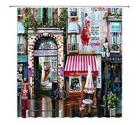 GCTNBJL Vintage Paris Shower Curtain Retro Paris Cafe de Oil Painting France Street European Building French Shops Fashion Bathroom Decor Fabric Curtain with Hooks