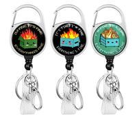 Gctriki 3 Pieces Funny Dumpster on Fire Badge Reel Retractable Heavy Duty with 360° Swivel Carabiner Clip, Cute ID Badge Holder, Nurse Teacher ID Card Holder Retractable Keychain Name Badge Clip Set