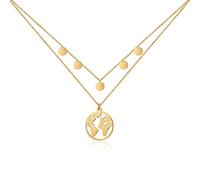 GD GOOD.designs EST. 2015 Globe Necklace Gold with Plates Multi-row for Ladies - Waterproof I Layering Necklace with World Map and Coins I World Travel Double Chain