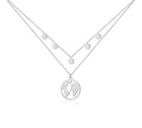GD GOOD.designs EST. 2015 Globe Necklace Silver with Plates Multi-row for Ladies - Waterproof I Layering Necklace with World Map and Coins I World Travel Double Chain