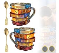 GDAONUDK 2 PCS Painted Book Mug, 11 0z Stained Glass Books Series Coffee Mugs for Book Lovers Gifts, 3D Painted Books Coffee Mug for Hot or Cold Brews