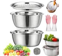 GDAONUDK Germany Multifunctional Stainless Steel Basin, 5 in 1 Stainless Steel Shredding & Drainage Chopping Basin, with 3 Metal Nesting Bowls, Colander & Grater, Great for Mixing & Serving(28cm)