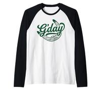 G'Day Script with Aboriginal Dot Art Boomerang Kangaroo Emu Raglan Baseball Tee