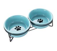 GDCZ Porcelain Raised Cat Small Dog Bowls with Heighten Metal Stand for Pet Food and Water Dishes , 15 Ounces (Turquoise)