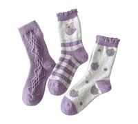 GddOGUK Womens Fuzzy Socks Cute Bear Floral Crew Socks Winter Slipper Fluffy Thermal Sleeping Slipper Sock 3 Pair Casual Cozy Home Socks(Lila)