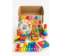 GDEE HOPE Wooden Educational Toys Set for Toddlers, 6-in-1 Learning Kit with Clock Puzzle, Numbers Board, Xylophone, Stacking Rings, Tangram, Bead Maze, Ages 2-5