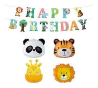 GDFHBD 1 Set Of Animal Pull Flags And 4 Pieces Of Animal Balloons, Birthday Garland, Jungle Wildlife Decoration, Birthday Party Decoration, Children'S Birthday Party Set.
