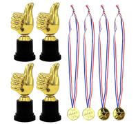 GDFHBD 4-Piece Thumb Trophy And 4-Piece Plastic Medals, Mini Children'S Trophy, Golden Medal Gift, Awards Gift, Suitable For Sports Games And Parties.