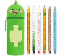 GDFJBG Kawaii 2 in 1 Soft Silicone School Case + 8 Multi Coloured Erasable Pens, Waterproof Pen Holder with Zipper, School Supplies Set, 0.7mm, Dinosaurs, Kawaii