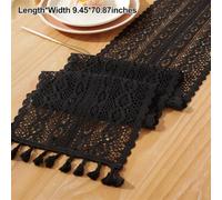 Gdfnmogo Elegant Cotton Linen Table Runner with Hand-Tassels for Farmhouse Style, Hollow Design, for Dining & Dessert Tables, Beige/White/Black(BLACK)