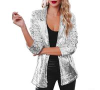 Gdfnmogo Women Sparkle Sequin Jacket, Solid Long Sleeve Front Cardigan Slim Fit Long Sleeve Blazer,Y2K Fashion Street Style for Parties and Raves(XXL Silver)