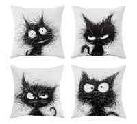 GDHBLING Funny Halloween Black Cat Throw Pillow Covers 20x20 Set of 4, Cartoon Gothic Pet Pillow Cases Kit with Zipper, Fun Kids Goth Pillows Linen Decor for Couch Sofa Living Room Bed