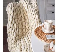GDJGNUDK Chunky Knit Blanket, Throw Soft Chunky Wool Yarn Knitted Throw Blanket Hand Knit Warm & Cozy Blanket Couch Bed home Decor Soft Breathable Throw(Beige,80 * 80cm)