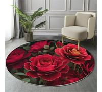 GDJSMIN 120Cm Round Area Rug,Red Rose Theme Floor Rug, Machine Washable Romantic Elements Carpet Floor Mat,Non Slip Soft Circle Carpet For Bedroom Living Room Home Decor,Red
