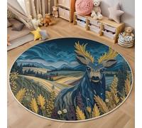 GDJSMIN 150Cm Round Area Rug,Animal Deer Pattern Floor Rug, Machine Washable Paper Quilling Style Carpet Floor Mat,Non Slip Soft Circle Carpet For Bedroom Living Room Home Decor,Blue