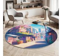 GDJSMIN 160Cm Round Area Rug,Japanese City Streets Floor Rug, Machine Washable Anime Style Carpet Floor Mat,Non Slip Soft Circle Carpet For Bedroom Living Room Home Decor,Pink