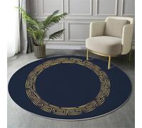 GDJSMIN 180Cm Round Area Rug,Gold Greek Key Border Floor Rug, Machine Washable Geometric Elements Carpet Floor Mat,Non Slip Soft Circle Carpet For Bedroom Living Room Home Decor,Navy Blue