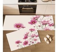GDJSMIN 2 Pcs Rural Pastoral Style Kitchen Rugs Sets Non Slip Washable Pink Cosmos Painting Kitchen Rugs And Mats For Floor Kitchens Runner Rug Floor Carpet For Laundry, Hallways (Pink)