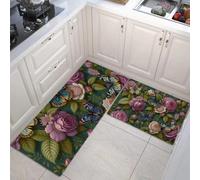 GDJSMIN 2 Pcs Victorian Style Floral Kitchen Mat Sets Non Slip Washable Rose Butterfly Pattern Kitchen Rugs And Mats For Floor Kitchens Runner Rug Floor Carpet For Laundry, Hallways (Dark Green)