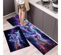 GDJSMIN 2-Piece Non-Slip Kitchen Mat, Mysterious Galaxy Rug Set, Universe Planets Galloping Horses Washable Hallway Runner & Dining Room, Entryway & Door Mat, 43×75Cm+43×150Cm,Purple