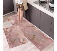 GDJSMIN 2 Piece Non Slip Pink Daisies Dragonfly Pattern Kitchen Mat Dreamy Pastoral Style Kitchen Rug Set Washable Runner Rug Set For Dining Room, Entryway And Door 43×75Cm+43×150Cm Blush Powder
