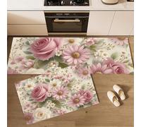 GDJSMIN 2 Piece Non Slip Watercolor Roses Daisies Kitchen Mat Elegant Flowers Kitchen Rug Set Washable Runner Rug Set For Dining Room, Entryway And Door 50×80Cm+50×120Cm Blush Powder