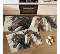 GDJSMIN 2 Pieces Kitchen Rug Set,Realistic Painting Non-Slip And Washable Kitchen Mat For Hallway, Dining Room, And Entryway - 44×70Cm+44×120Cm,Illustration Of Two Horses