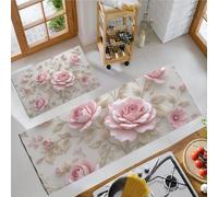 GDJSMIN 2 Pieces Kitchen Rug Set,Relief Style Non-Slip And Washable Kitchen Mat For Hallway, Dining Room, And Entryway - 44×70Cm+44×120Cm,Pink Roses Leaf Design