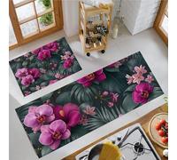 GDJSMIN 2 Pieces Kitchen Rug Set,Tropical Flowers Non-Slip And Washable Kitchen Mat For Hallway, Dining Room, And Entryway - 44×70Cm+44×120Cm,Orchid Palm Leaf Elements