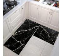 GDJSMIN 2 Pieces Kitchen Rugs And Mats,Abstract Marble Texture Non-Slip Floor Mat, Complex White Lines Water Absorbent Runner Set Machine Washable,Black White,45×75Cm+45×150Cm