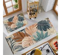 GDJSMIN 2 Pieces Kitchen Rugs And Mats,Tropical Leaf Illustrations Non-Slip Floor Mat, Monstera Leaf Design Water Absorbent Runner Set Machine Washable,Terracotta,44×70Cm+44×120Cm