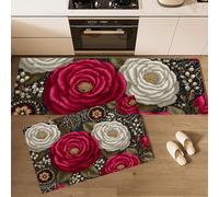 GDJSMIN 2 Pieces Non Slip Kitchen Mat,Red White Roses Kitchen Rug Set, Classic Romantic Flowers Washable Hallway Runner Sets, Dining Room, Entryway And Door Mat Set,45×75Cm+45×150Cm