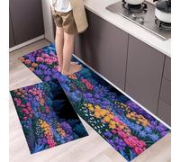 GDJSMIN 2 Pieces Non Slip Kitchen Mat,Roses And Tulips Kitchen Rug Set, Romantic Garden Scene Washable Hallway Runner Sets, Dining Room, Entryway And Door Mat Set,45×75Cm+45×150Cm