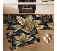 GDJSMIN 2Pcs Non Slip Luxurious Banana Leaf Pattern Kitchen Mat, Jungle Plants Washable Mats And Rugs For Kitchen, Hallway, Dining Room, Entryway, Office, Sink, Laundry 44×70Cm+44×120Cm (Gold)