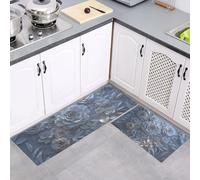 GDJSMIN 3Dfloral Relief Kitchen Mat, Non Slip Washable Kitchen Floor Rug,White Roses, Soft Absorbent Mat For Kitchens Sink,40×60Cm+40×120Cm,Light Gray