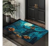 GDJSMIN 50 x 80 cm Washable Small Entryway Area Rugs, Front Door Mat Scarecrow Pumpkin Cemetery Indoor Machine Mats, Spooky Halloween Non Slip Low Pile Mat For Bedroom Nursery Kids Room Entry Cyan