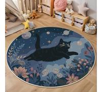 GDJSMIN 80Cm Round Area Rug,Black Cat Planet Pattern Floor Rug, Machine Washable Garden Scene Carpet Floor Mat,Non Slip Soft Circle Carpet For Bedroom Living Room Home Decor,Dark Blue