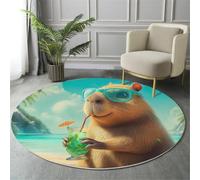 GDJSMIN 80Cm Round Area Rug,Cartoon Capybara Floor Rug, Machine Washable Tropical Beach Scenery Carpet Floor Mat,Non Slip Soft Circle Carpet For Bedroom Living Room Home Decor,Brown