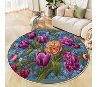 GDJSMIN 80cm Round Area Rug,Tulip Leaf Prints Floor Rug, Machine Washable Realistic Floral Patterns Carpet Floor Mat,Non Slip Soft Circle Carpet for Bedroom Living Room Home Decor,Dark Purple