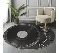 GDJSMIN 80Cm Round Area Rug,Vinyl Records Floor Rug, Machine Washable Modern Audio Equipment Carpet Floor Mat,Non Slip Soft Circle Carpet For Bedroom Living Room Home Decor,Charcoal Black