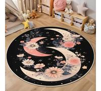 GDJSMIN 90Cm Round Area Rug,Flowers Star Pattern Floor Rug, Machine Washable Moon Phase Illustration Carpet Floor Mat,Non Slip Soft Circle Carpet For Bedroom Living Room Home Decor,Black